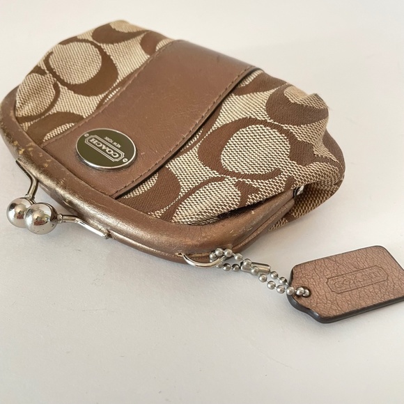 Coach Signature Canvas Bronze Leather Kisslock Pouch - Picture 4 of 8